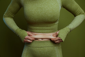 Woman in green activewear pinching belly skin, a Person Photo by Alliance Images