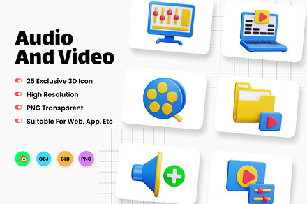 Audio and Video 3D Icons, a Scene 3D Model by HacaStudio