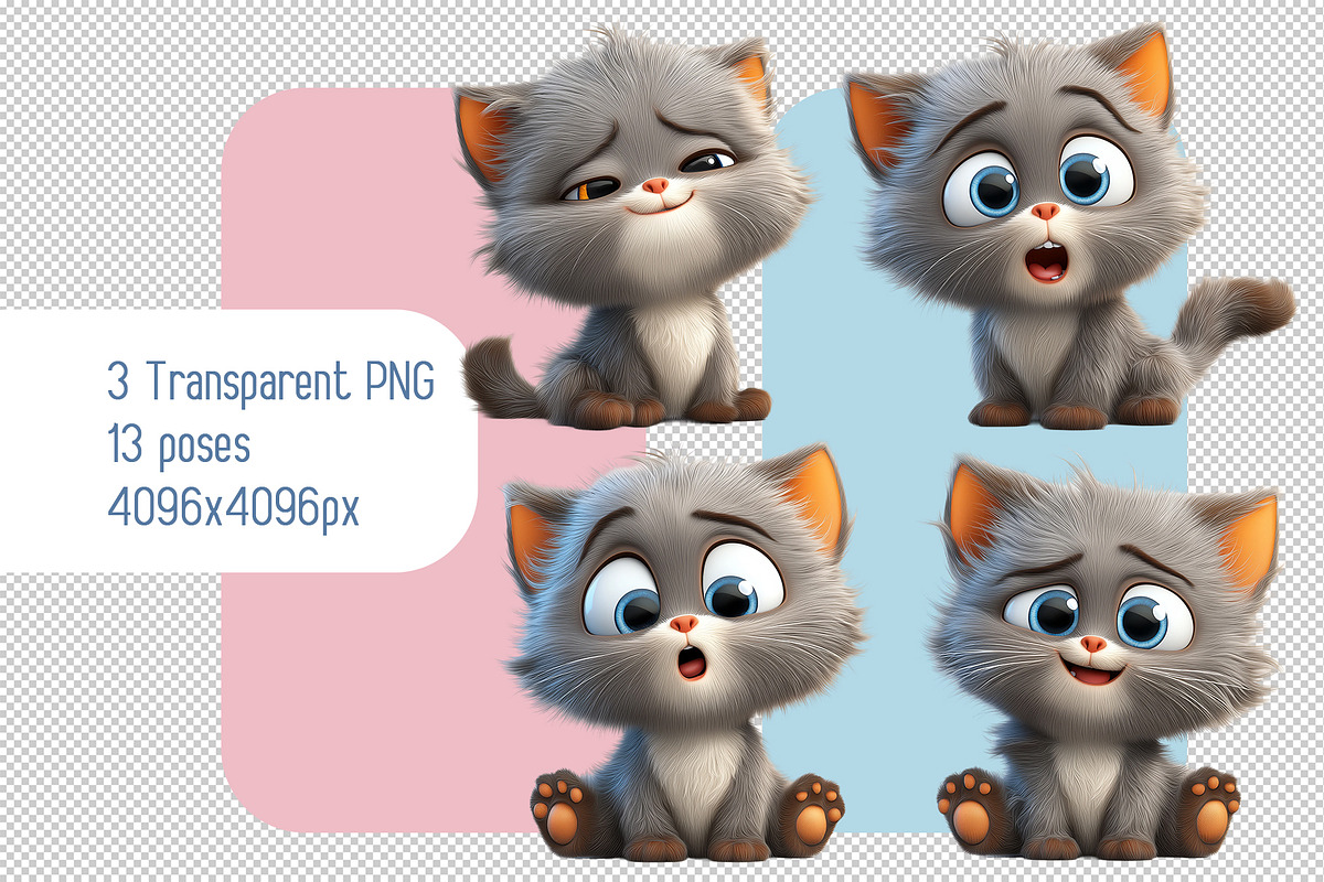 Set of 3d Fluffy Gray Kittens, an Animal Illustration by Ocean Digital Art (Photo 1 of 3)