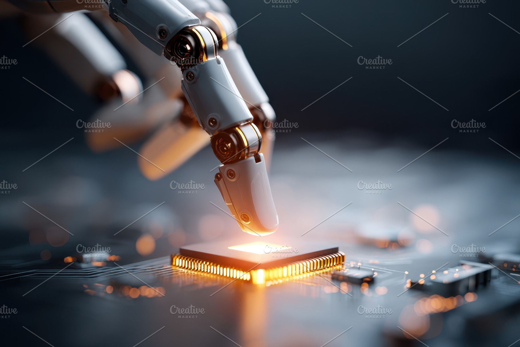 Robotic Hand Touching Glowing Microchip on Motherboard, a Technology Photo by AlyaAnd