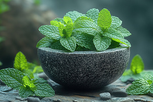 Green mint leaves in modern stone mortar on wooden table, a Food & Drink Photo by AlyaAnd
