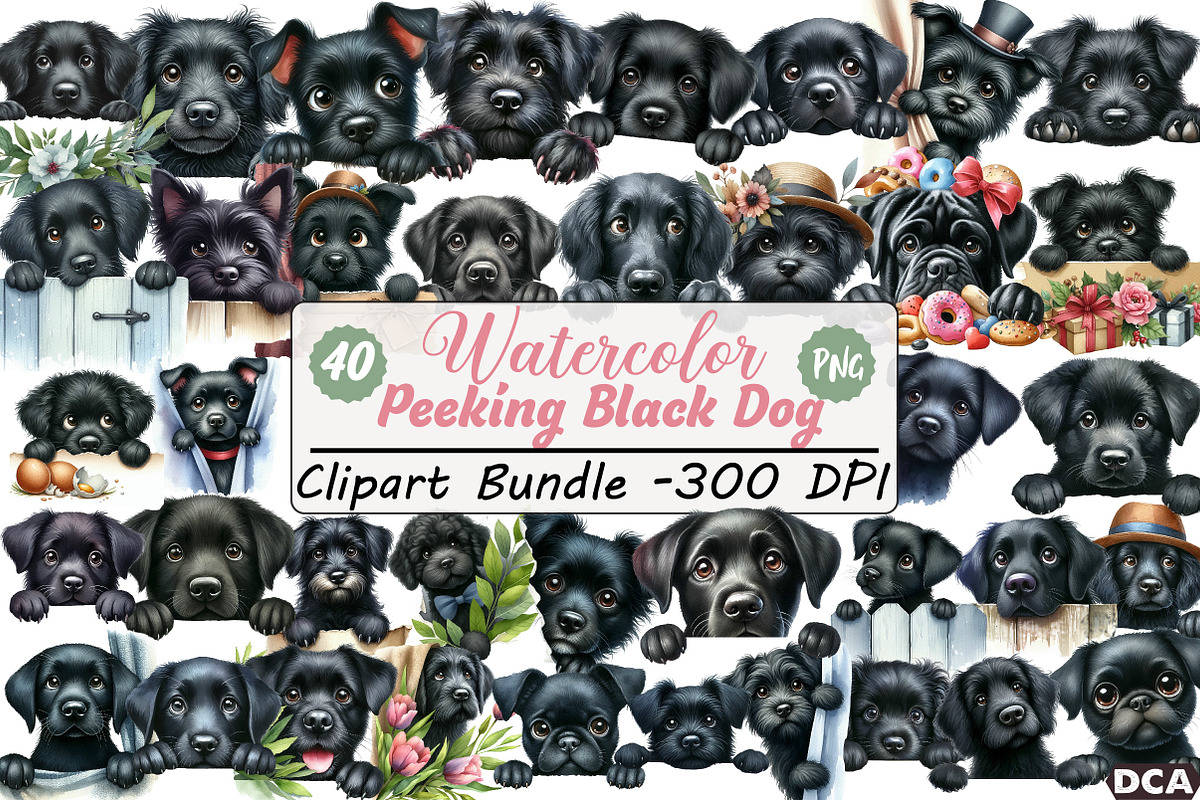 Watercolor Peeking Black Dog PNG Cli, an Illustration by DreamCafeArt (Photo 1 of 7)