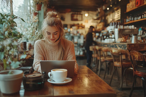 Young woman working on a laptop in a, a Photo by Tanuart