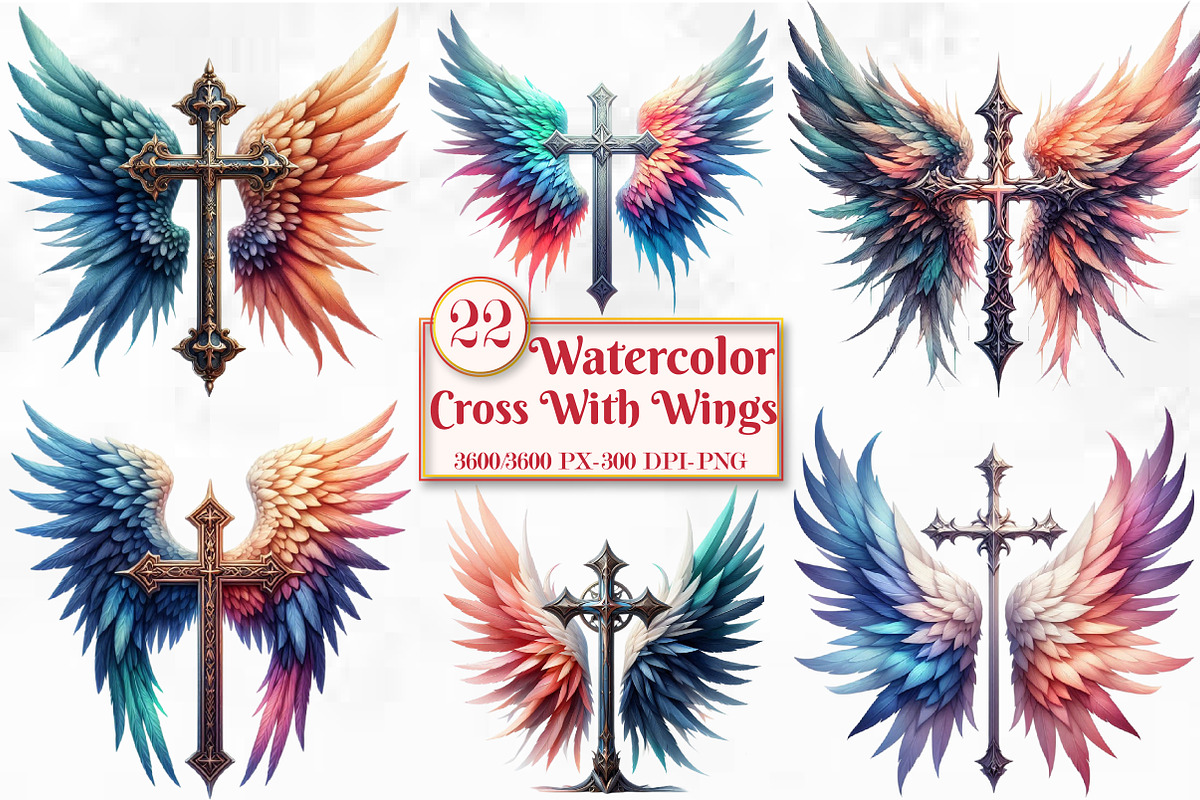 Watercolor Cross With Wings Clipart, a Seasonal Illustration by Craft Nest (Photo 1 of 5)