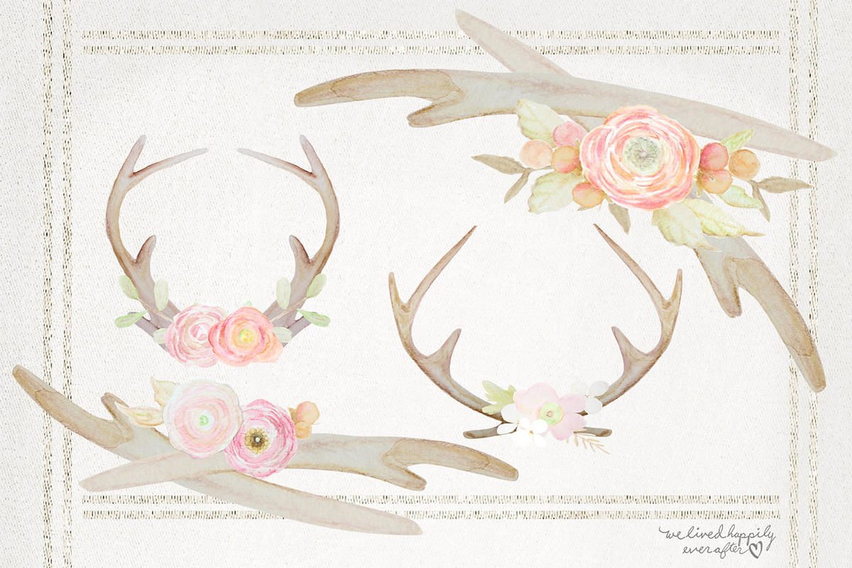 Rustic Watercolor Antlers & Flowers, a Texture Illustration by WeLivedHappilyEverAfter (Photo 2 of 5)