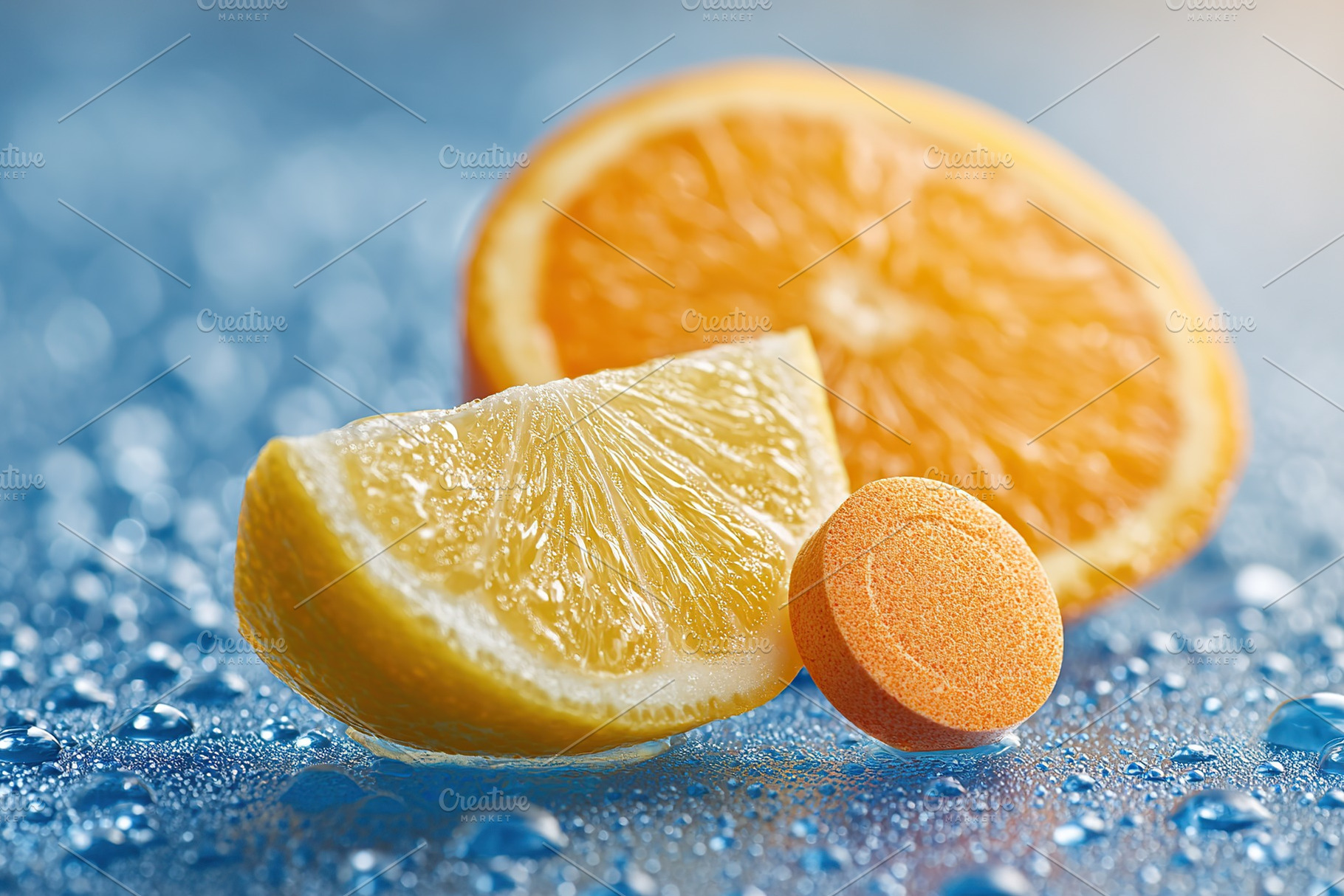 Fresh lemon close-up with vibrant yellow color and water droplets on a blue bac, a Photo by AlyaAnd
