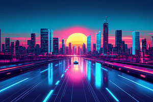 Futuristic City Skyline at Sunset with a Reflective Highway, an Abstract Photo by Natalia Klenova's Shop