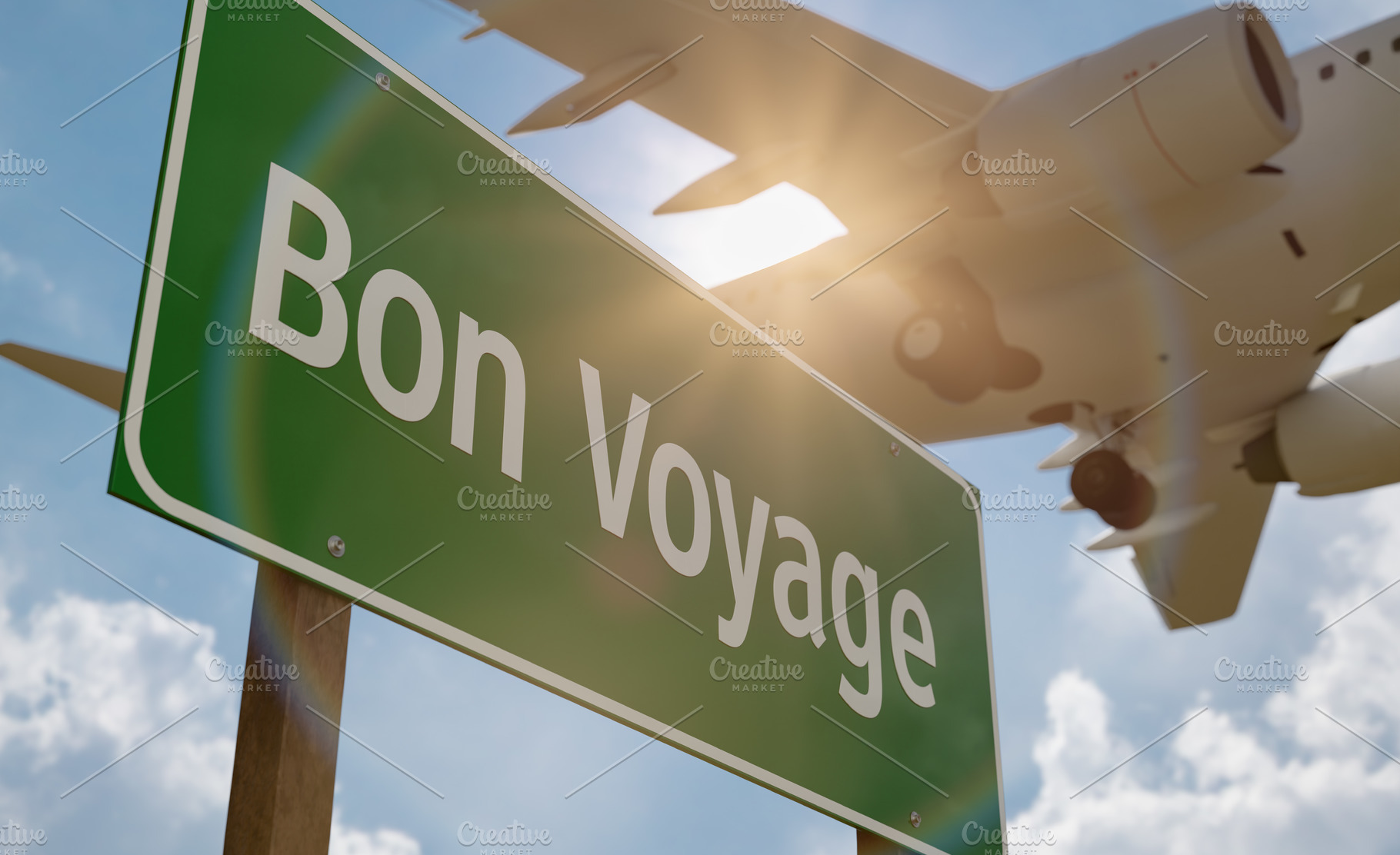 Bon Voyage Green Road Sign and Plane, a Transportation Photo by Andy Dean Photography