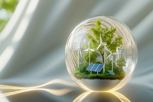 Eco concept for earth day with green trees, wind turbines and so, a Photo by Dvoevnore photos