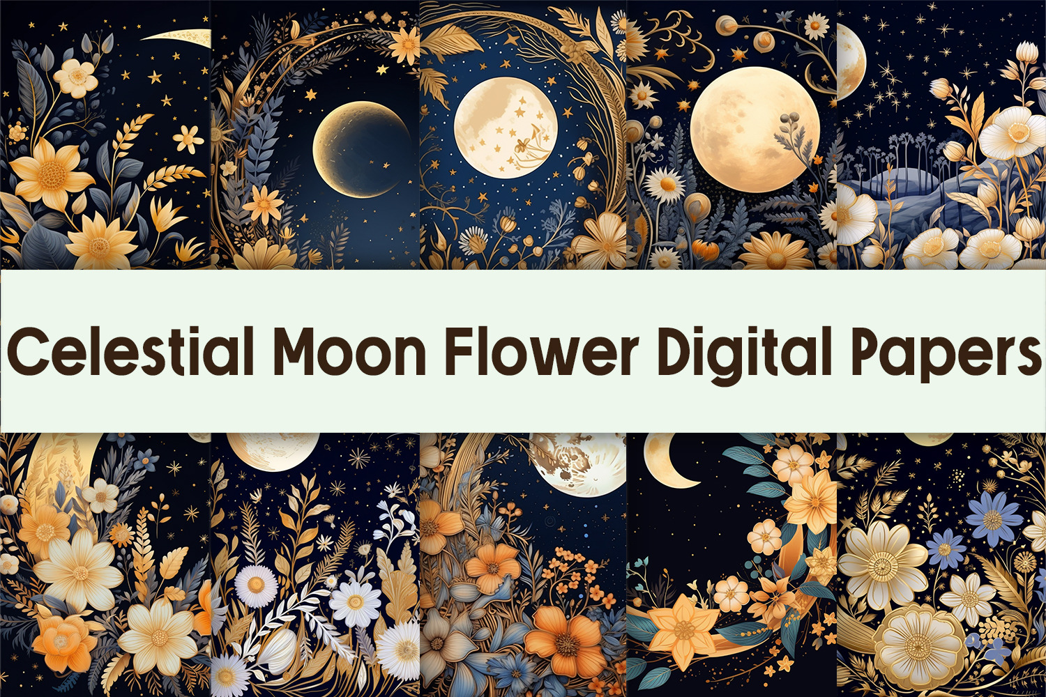 Celestial Moon Flower Digital Papers, a Background Graphic by AdriOP