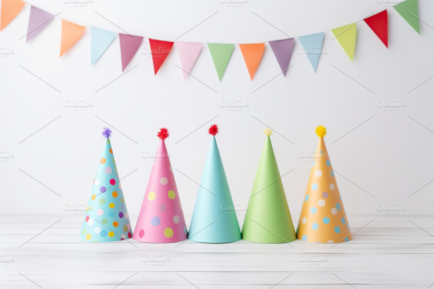 Colorful birthday caps and paper flags on white wooden background, a Holiday Photo by AlyaAnd