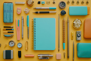 Teal Notebook Surrounded by Statione, an Abstract Photo by Pixeness Studio