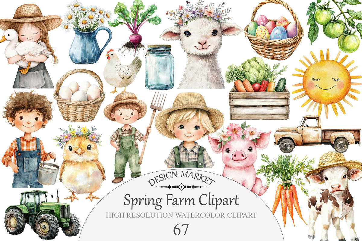 Watercolor Spring Farm Clipart, an Illustration by Design Market (Photo 1 of 5)