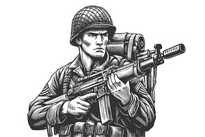 soldier with rifle engraving vector, an Illustration by AlexArt