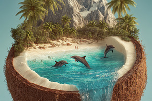 Tropical paradise inside a coconut w, a Photo by Pixeness Studio