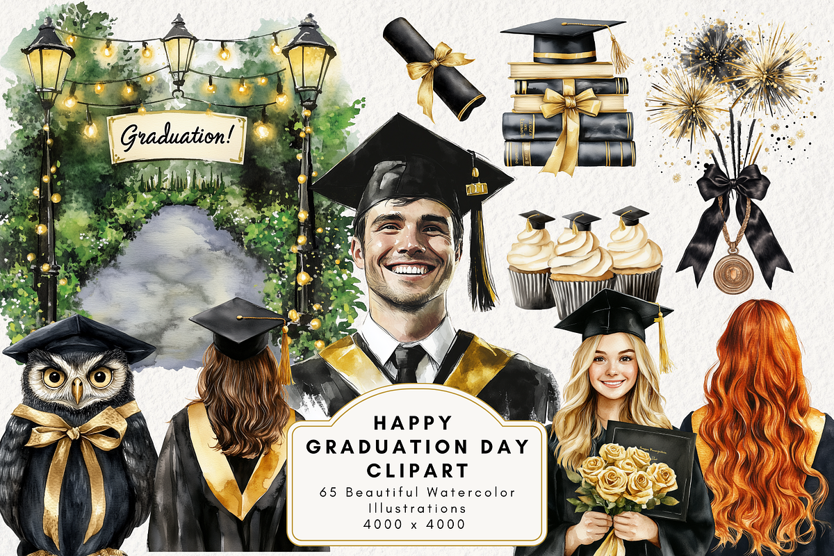 Black & Gold Graduation Day Clipart, an Illustration by NadiaTheronArt (Photo 1 of 5)