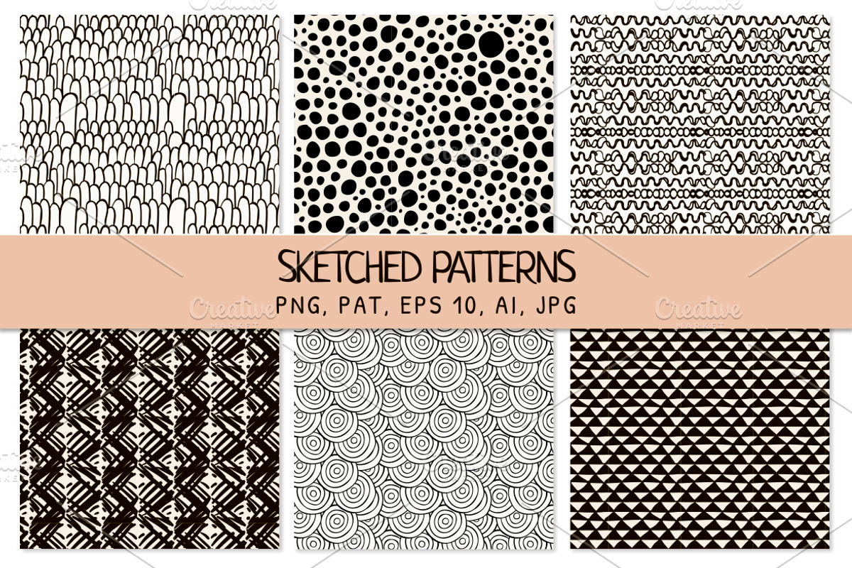 6 Black Sketched Seamless Patterns, a Pattern Graphic by Olya Creative (Photo 1 of 4)