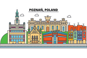 Poland, Poznan. City Skyline, Architecture, Buildings, Streets, Silhouette, Landscape, Panorama, Landmarks. Editable Strokes. Flat Design Line Vector 