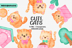 Cute Cat Watercolor Clipart Set, an Animal Illustration by Nattapohncha