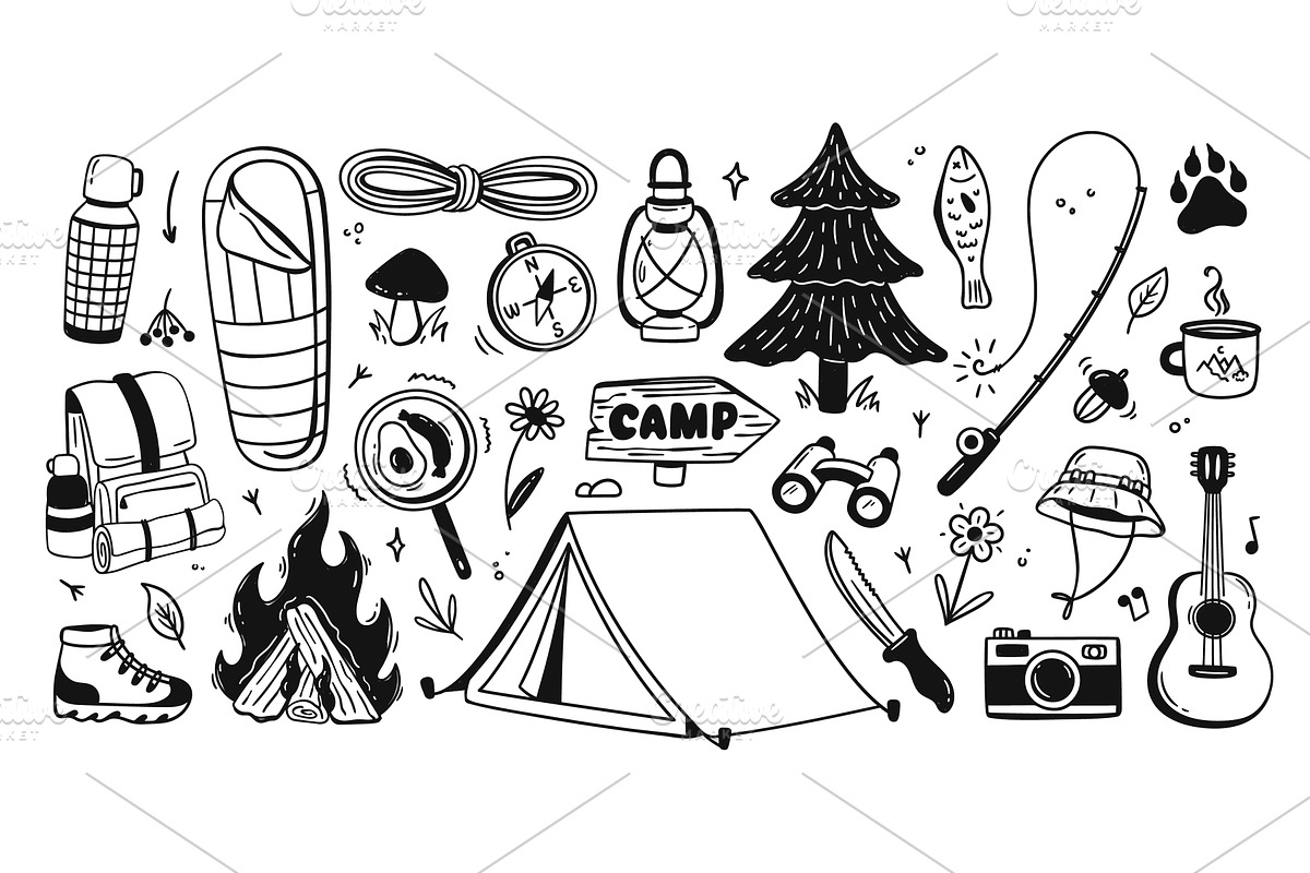 Camping camp hike, doodle trekking, an Object Illustration by winwin.art