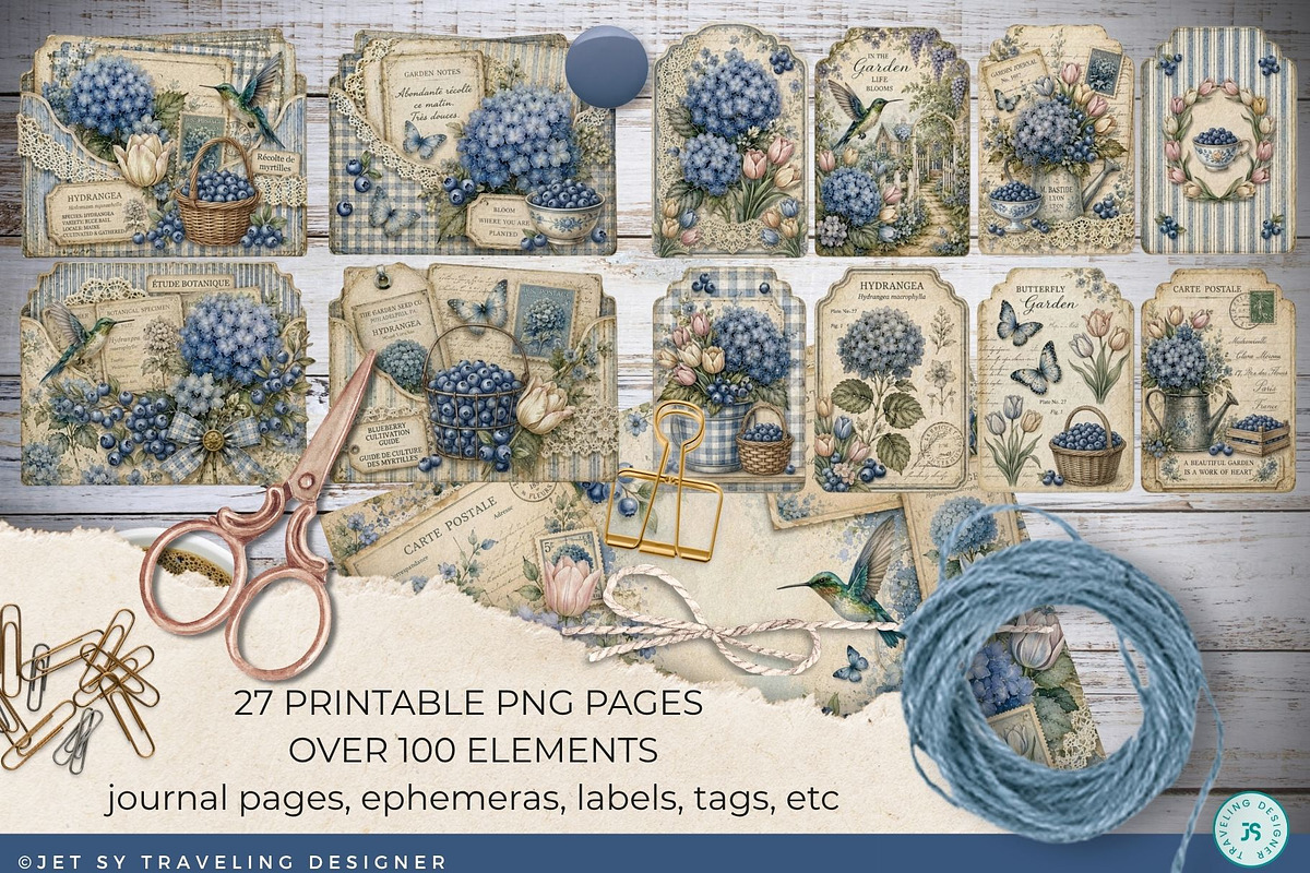 Vintage Hydrangea Junk Journal Kit, an Object Graphic by Traveling Designer (Photo 2 of 6)