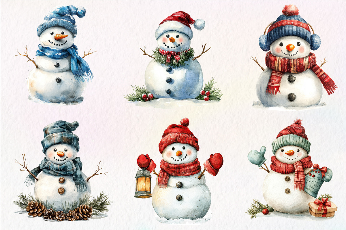 Watercolor Christmas Snowman Clipart, an Illustration by Dream Creation (Photo 5 of 6)