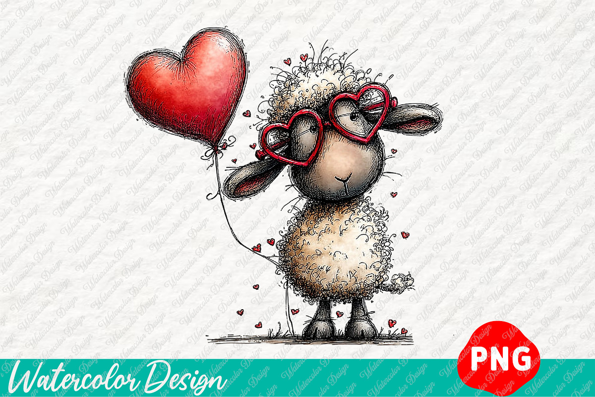 Whimsical Funny Valentine Sheep, an Illustration by Watercolor design (Photo 4 of 9)