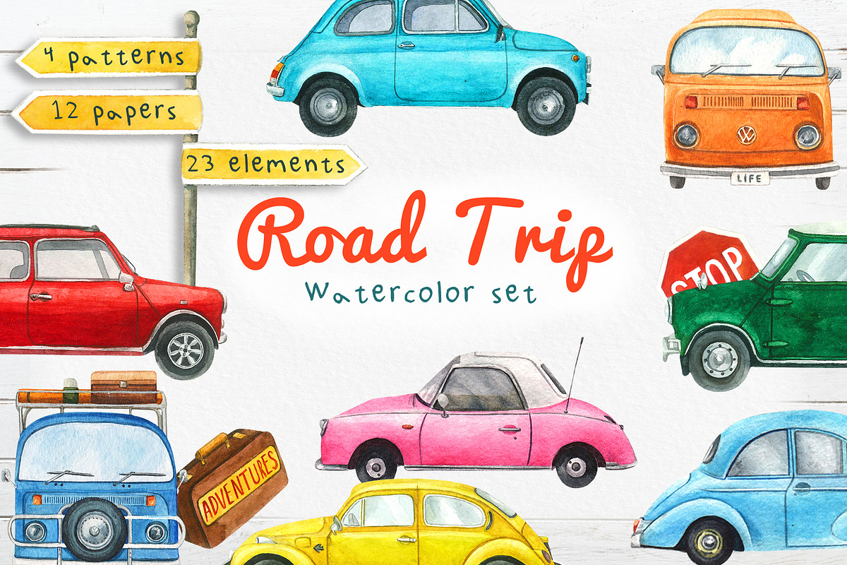 Road trip watercolor set, an Illustration by Nastilustra (Photo 1 of 7)
