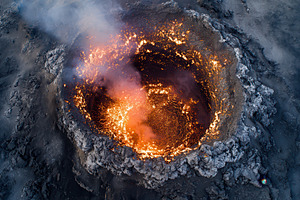 Volcano erupts and spews lava, a Photo by Pavel_design