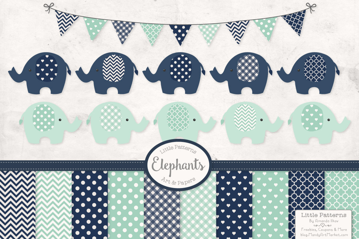Navy & Mint Elephant Clipart, an Illustration by Amanda Ilkov (Photo 1 of 3)