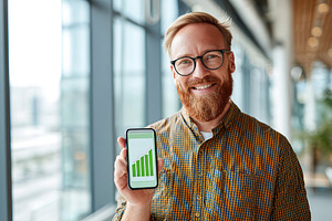 Young businessman showcasing growth statistics on smartphone in a modern office, a Business Photo by AlyaAnd