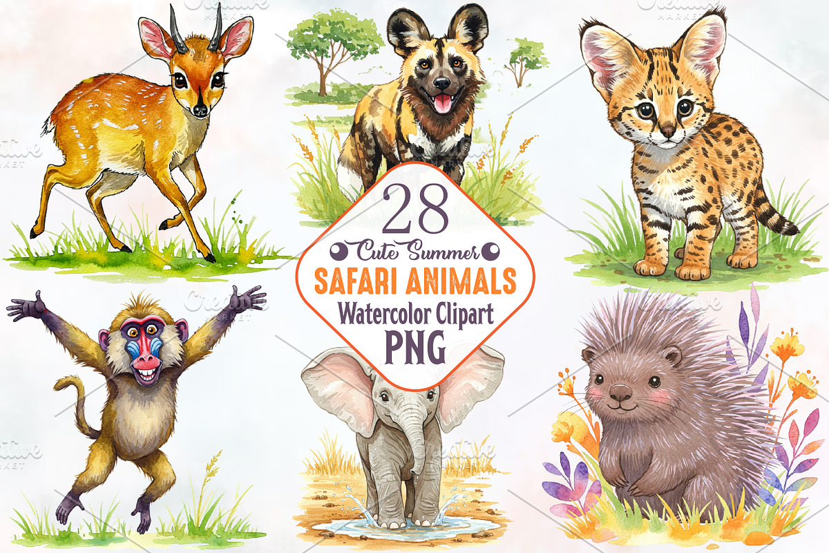 Cute Summer Safari Animals Clipart, an Illustration by RobertsArt (Photo 1 of 7)