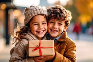 Smiling children holding wrapped gift outdoors, a Holiday Photo by Davizro's Market