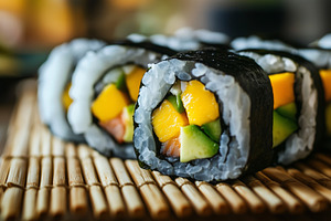 Summer sushi rolls with mango, fish, a Food & Drink Photo by MistyDay