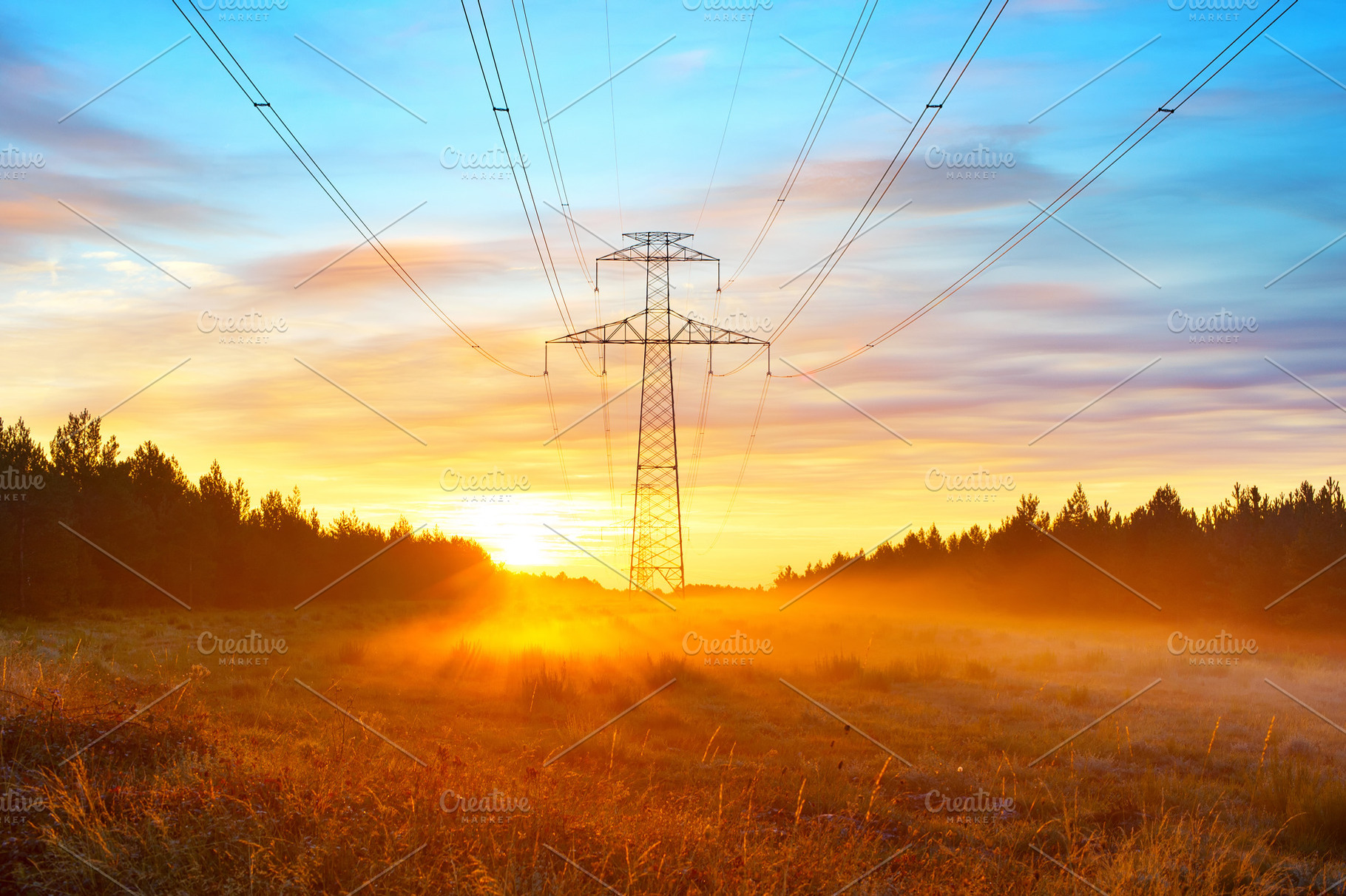 Power lines and sunrise landscape stock photo containing sunrise and landscape, an Industrial Photo by joyt