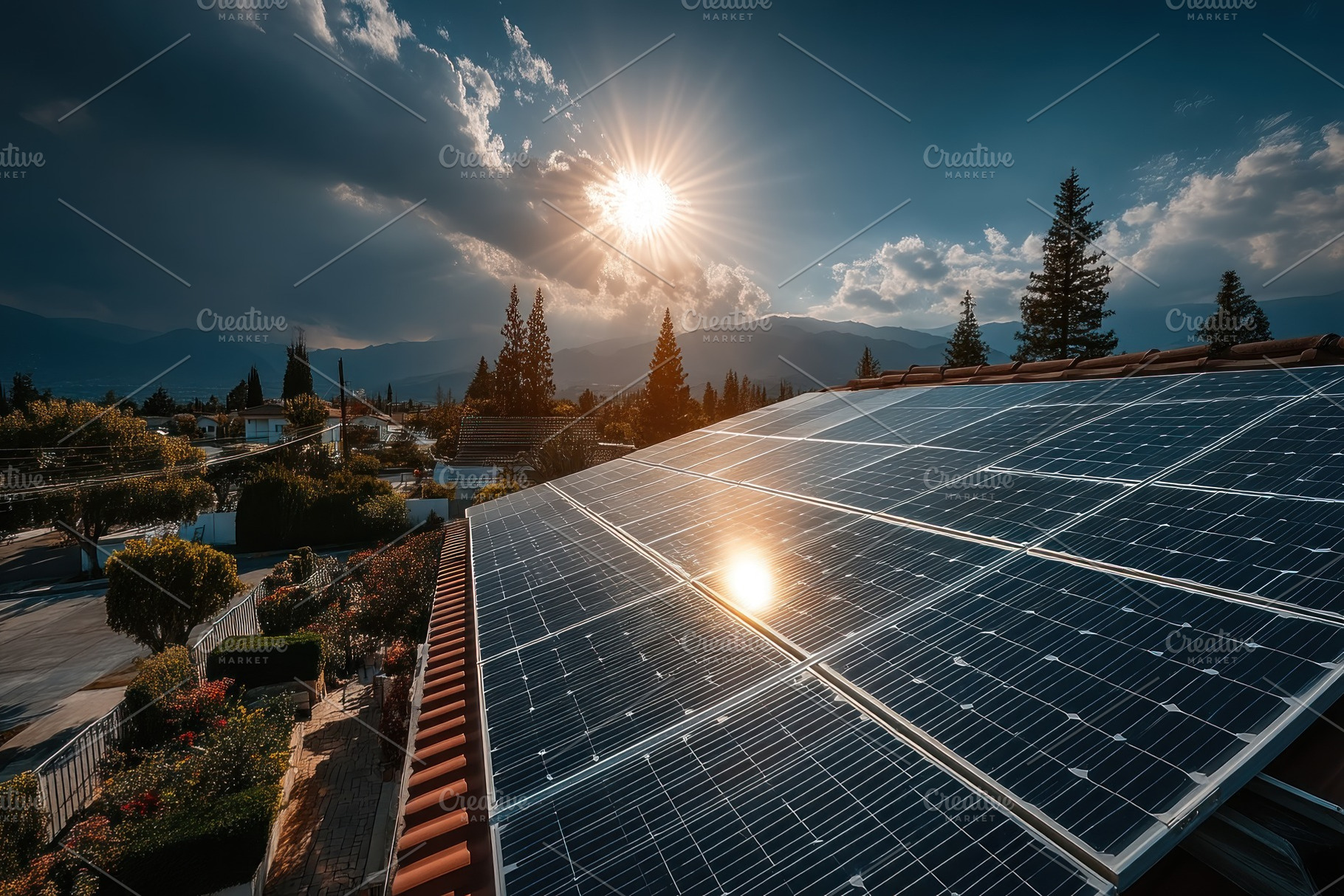 Shiny solar panels on rooftop in suburban neighborhood with dram, a Technology Photo by José Manuel Gelpi