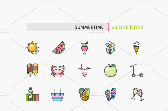 Set Of Thin Lines Icons Summertime