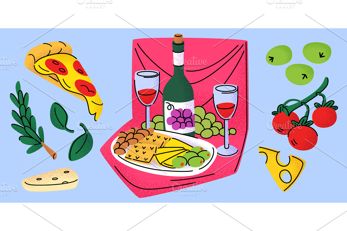 Wine with cheese and fruits, a Food Illustration by art PVP - market