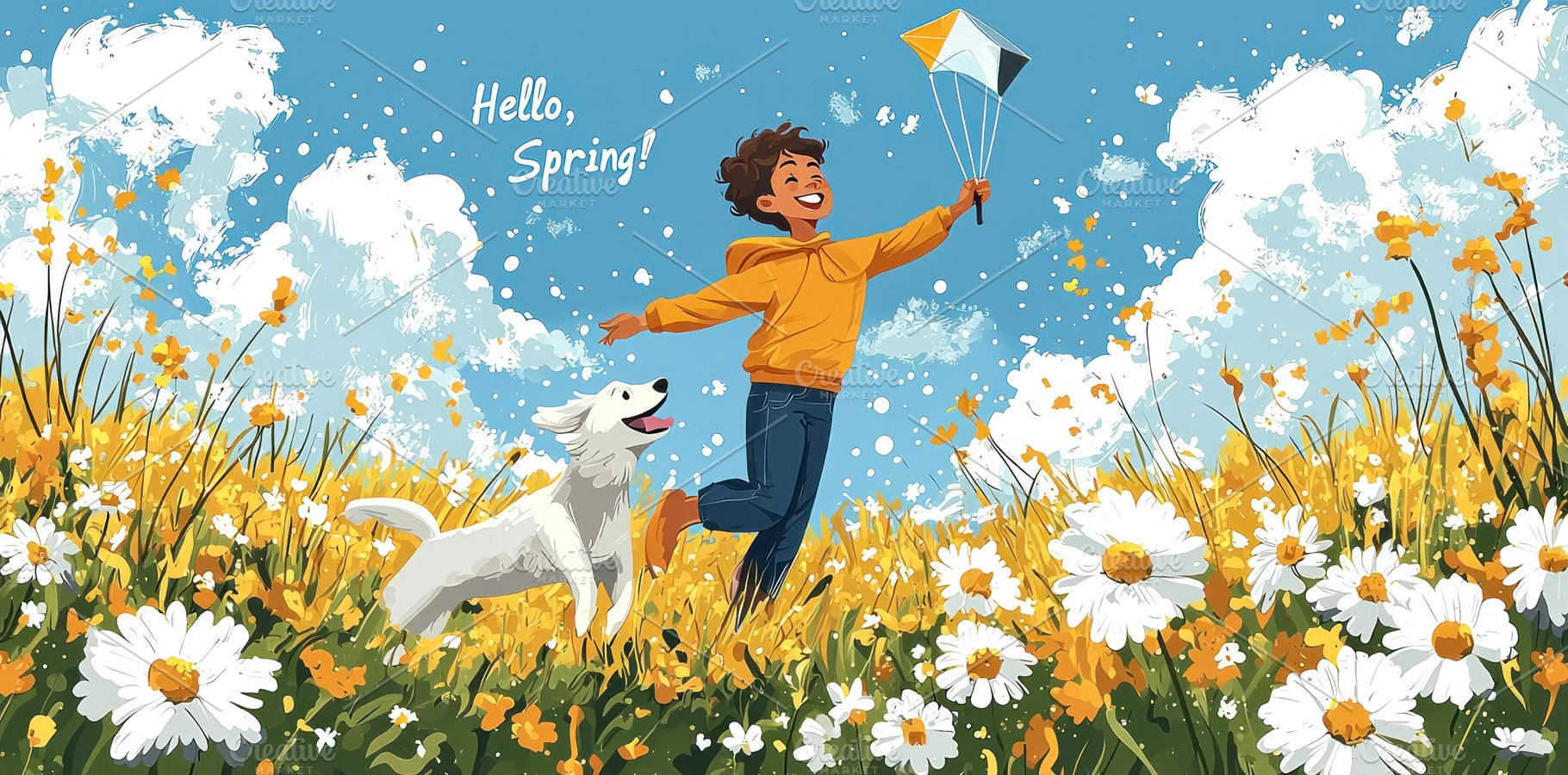 Joyful child flying a kite with a happy dog in a spring meadow f, a Holiday Photo by José Manuel Gelpi