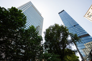Modern skyscrapers surrounded by lush green trees in a cityscape view, a Photo by AS photostudio