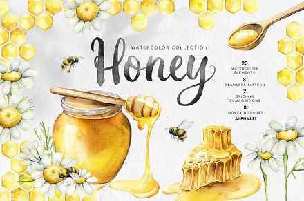 Watercolor bee Honey, a Food Illustration by AleksaArt