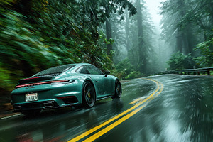 Green Porsche 911 Speeding Rain Fore, a Photo by Pixeness Studio