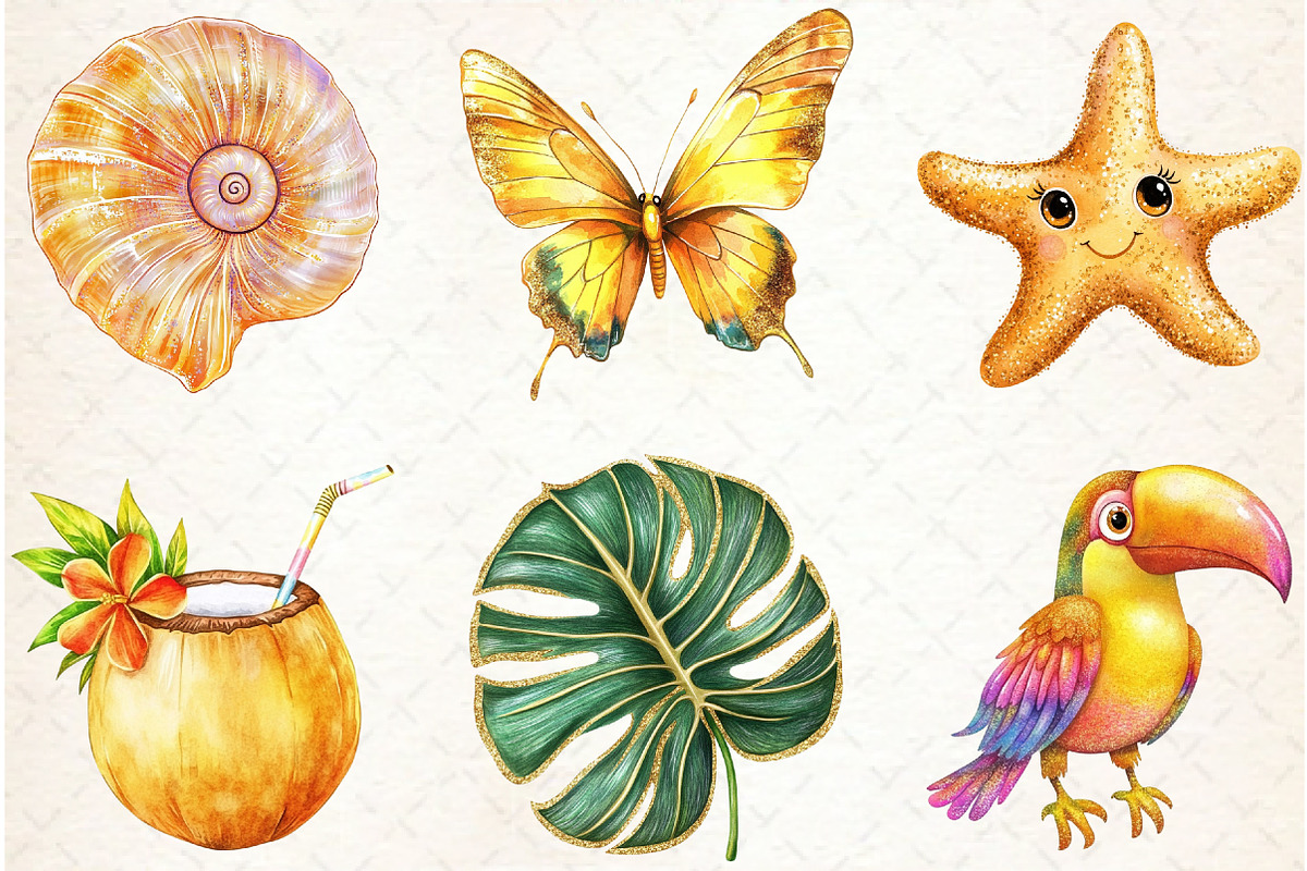 Tropical Clip Art Golden Glitter, an Illustration by Watercolor design (Photo 4 of 4)