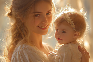 A smiling Caucasian woman holds her baby girl, both illuminated by soft golden, a Person Photo by ImageMir