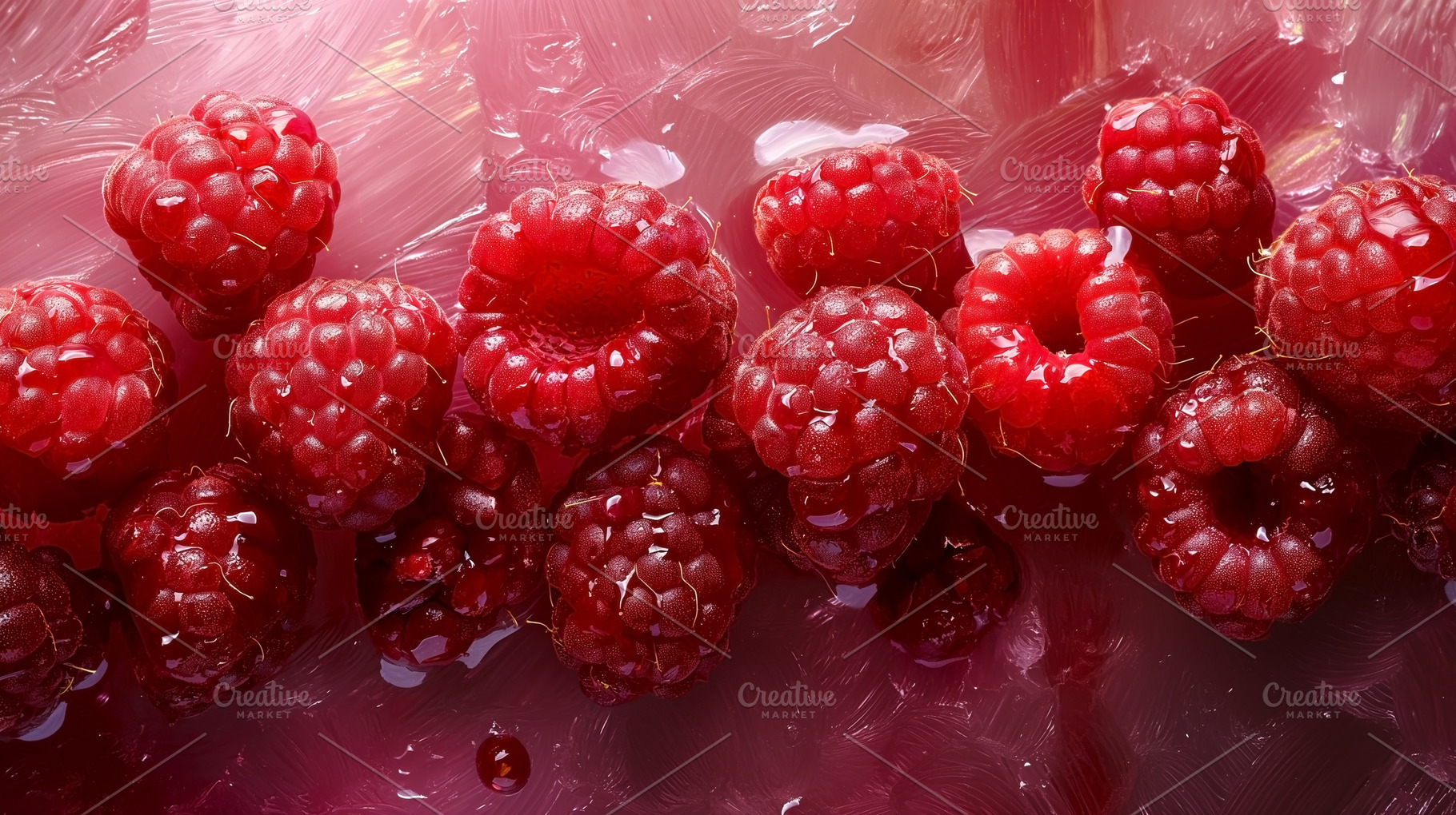 Fresh, ripe red raspberries glisten with dew, showcasing their v, a Food & Drink Photo by ImageMir