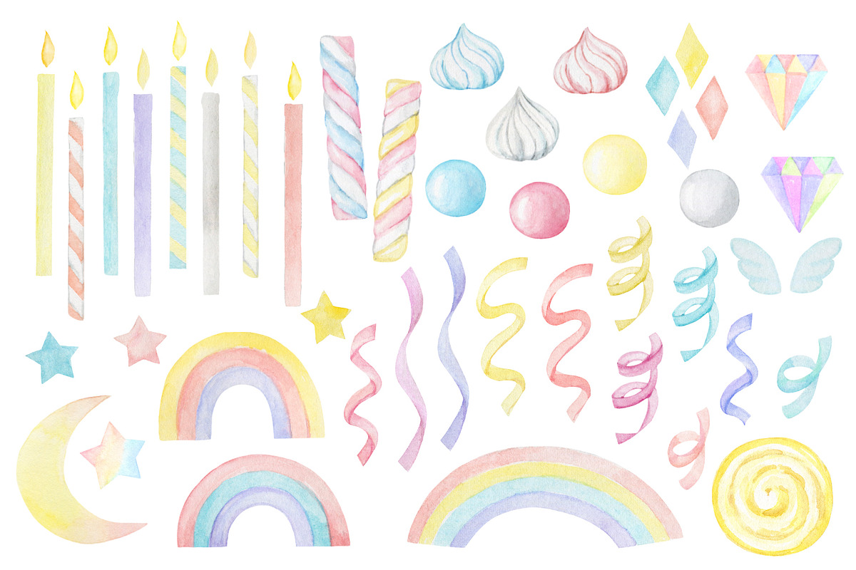 Watercolor Cute Rainbow Unicorns, a Decorative Illustration by Elena Medvedeva (Photo 3 of 6)