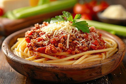 A plate of spaghetti topped with Bol, a Photo by LOGOCREATIVE