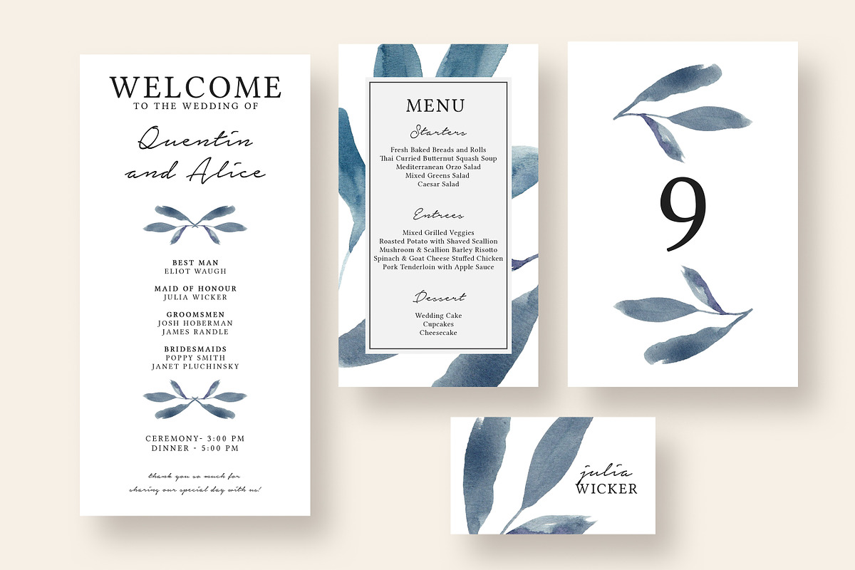 Blue Watercolor Leaves Wedding Suite, an Invitation Template by Knotted Design (Photo 4 of 4)