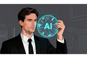 Man in suit holding glowing AI, a Technology Photo by tilialucida