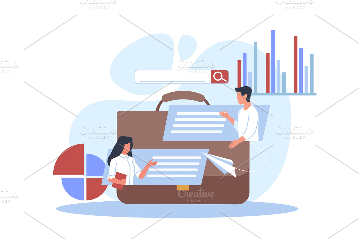 Business people discuss graphs and, a Finance Illustration by YummyBuum